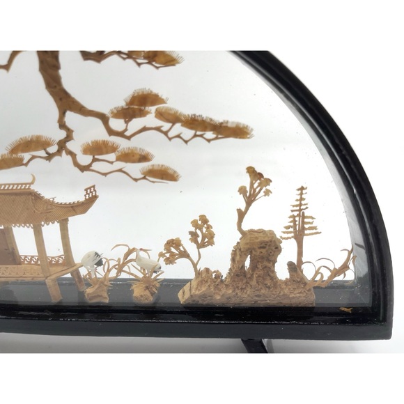 Vintage Chinese Cork Art Mini Diorama 3D Carved Scene Courting Cranes Lacquered - Picture 7 of 8
